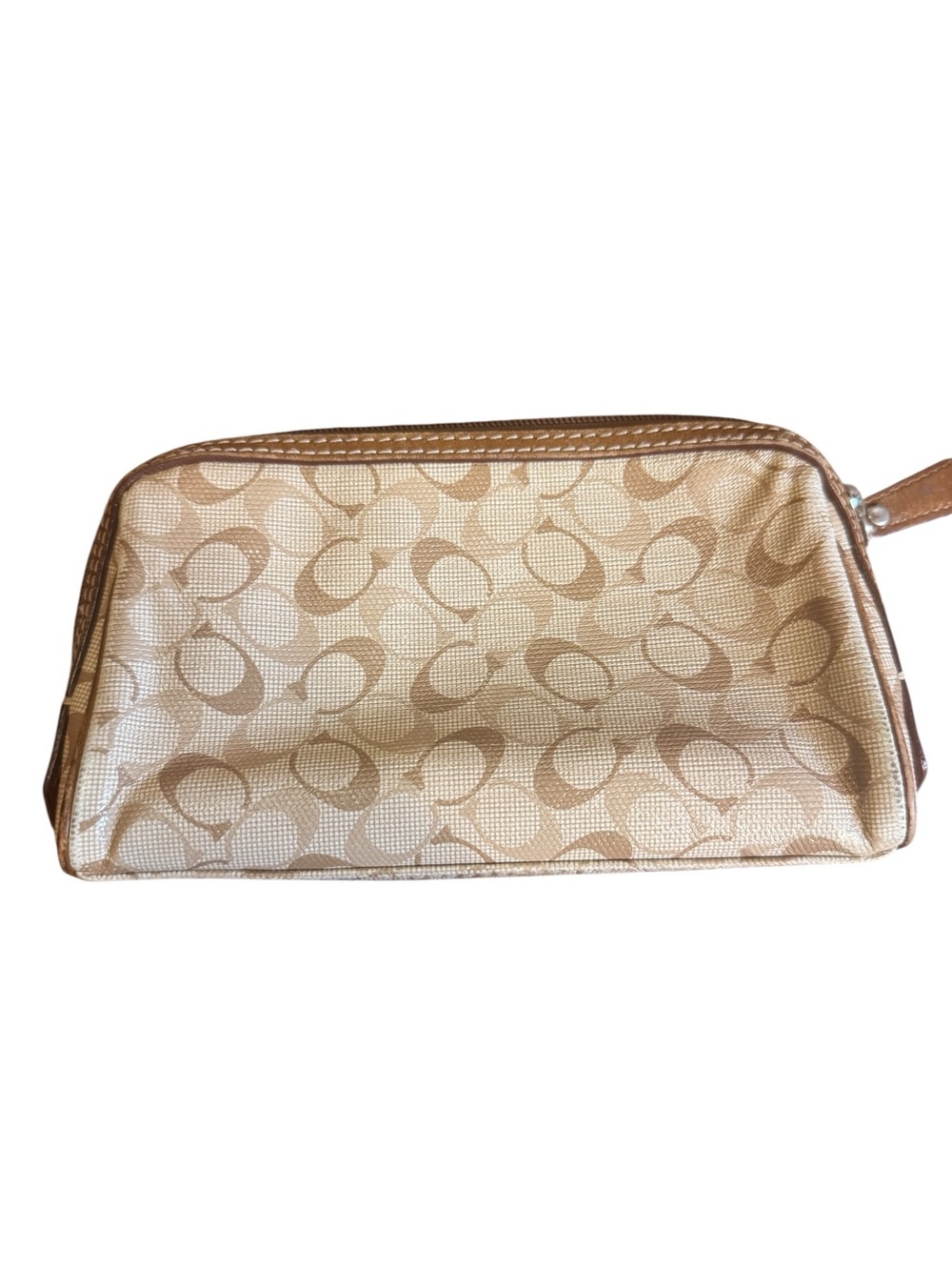 Coach Signature Jacquard Cosmetic Bag Pouch Tan Brown 4.5 x 7